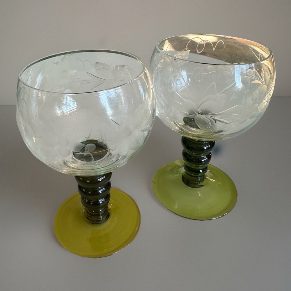 Vintage Roemer Green Bubble Stem Etched Cordial Wine Glass Set of 2